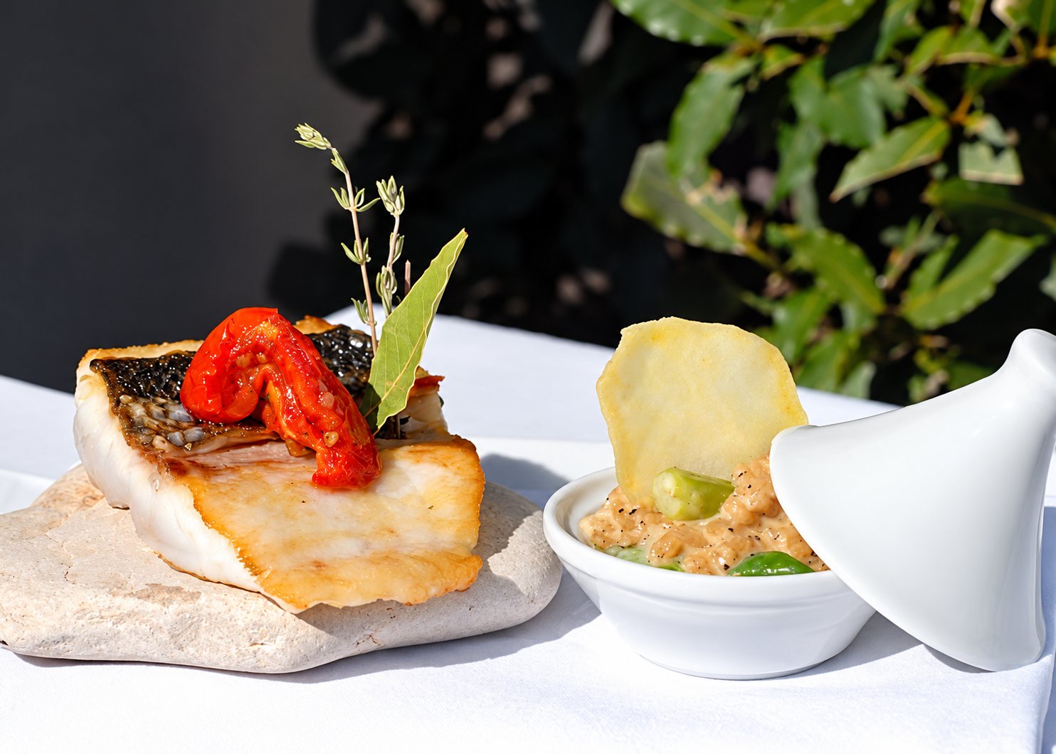 Un filet de poisson à la peau croustillante, garni de tomate confite et de thym, est posé sur une pierre plate à côté d'un petit bol de purée avec une chips, sur une nappe blanche.