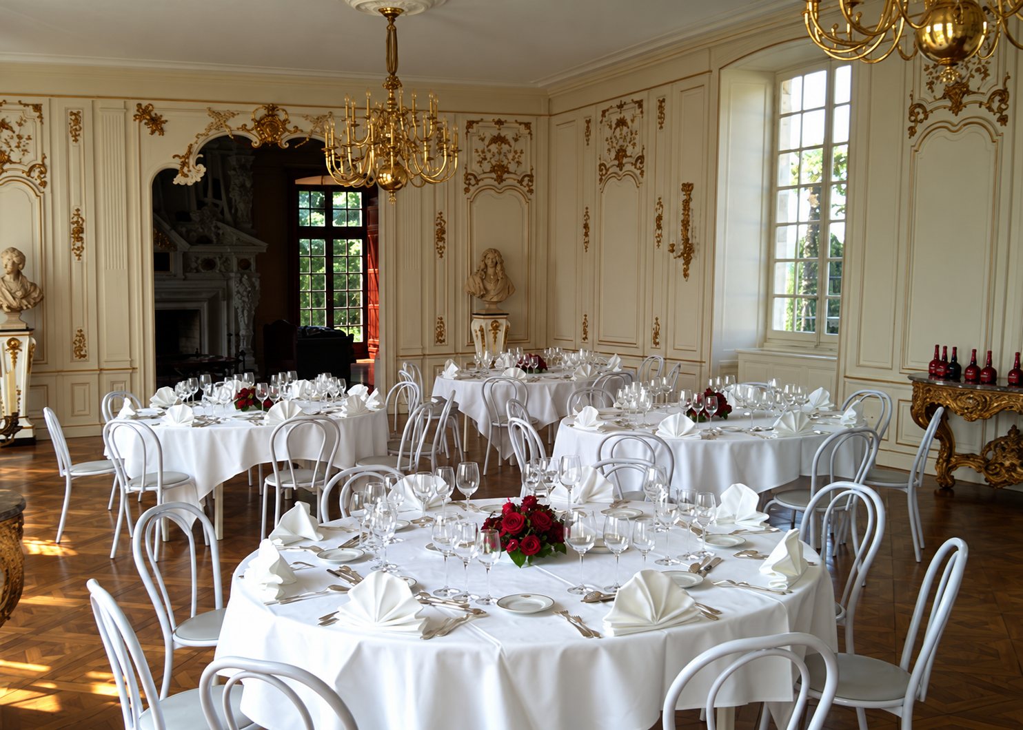 Une salle de réception aux boiseries anciennes et dorées, avec des tables rondes nappées de blanc, dressées avec verres, serviettes pliées et bouquets de roses rouges.